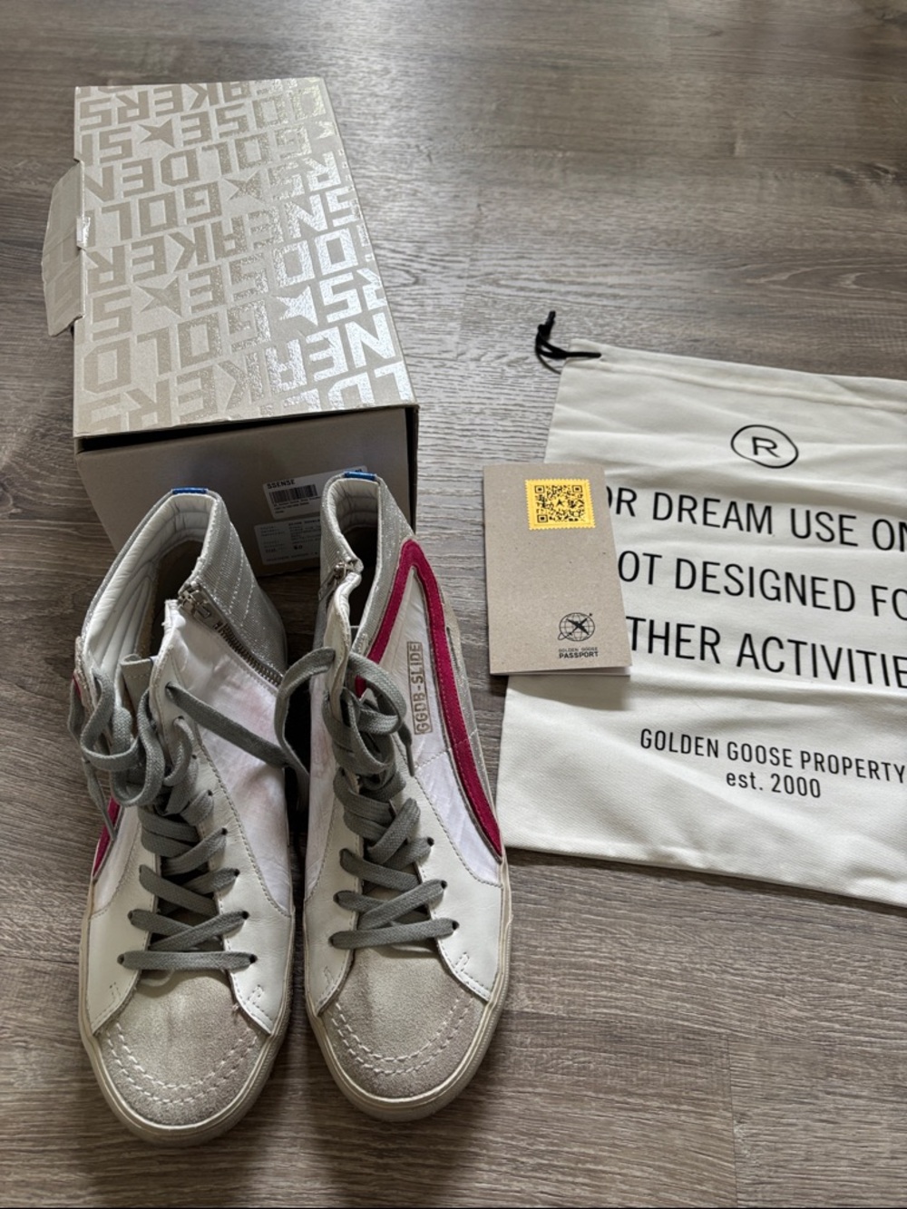 Golden Goose White High-Top Sneakers with Pink Side Stripe and Gray Laces
